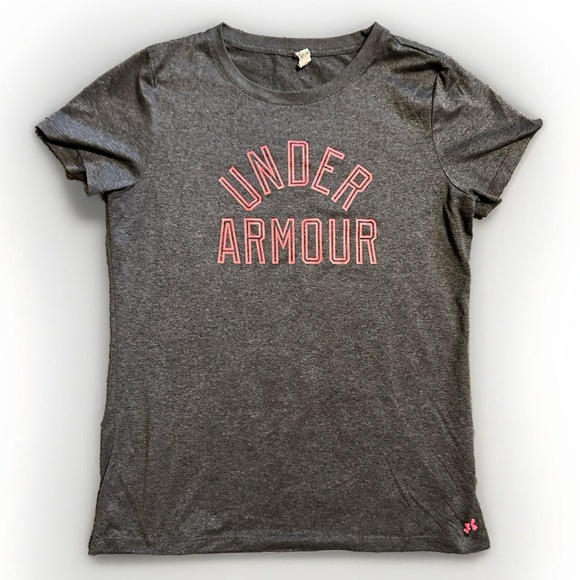 Womenβs Under Armour Gray Pink Logo Fitted Heatgear Short Sleeve Loose Medium M - Picture 1 of 5